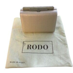VTG RODO Beige Italy Box Calmshell Clutch Satin Evening Bag Crystal Chain Duster